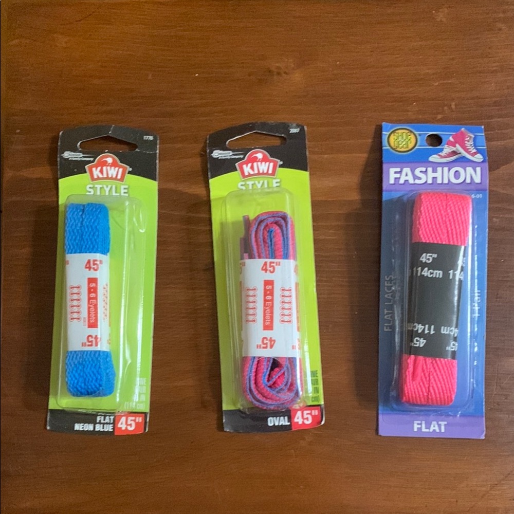 Kiwi Style Shoelaces Set - 1 Neon Blue, 1 Pink, and 1 Neon Pink with Neon Blue.